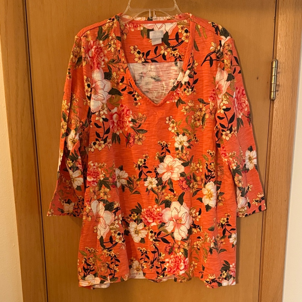 Chico’s Women’s Floral Oriental Blossom V Neck Tee Top Orange Size Large (2)